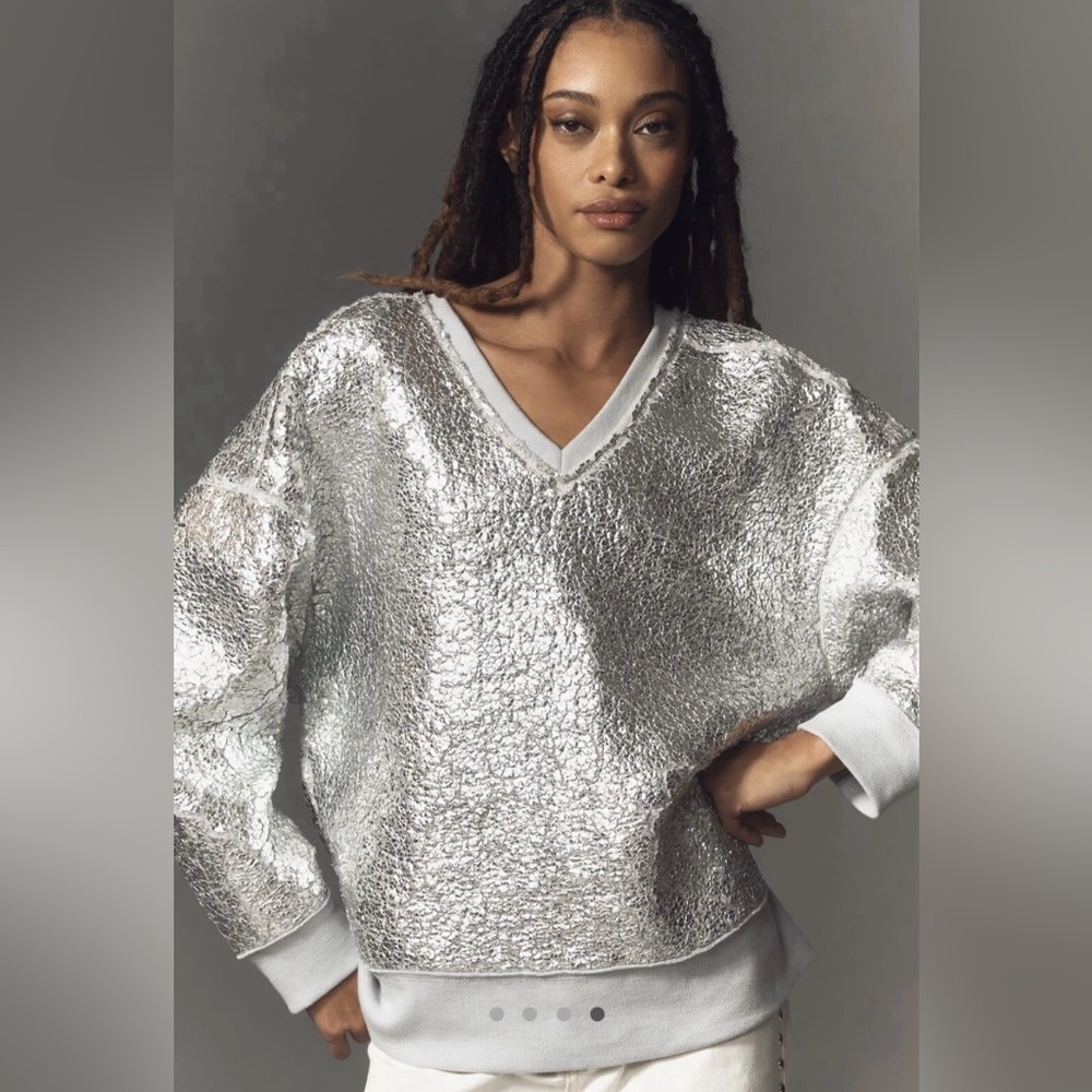 Anthropologie Pilcro Silver Foil V-Neck Pullover, X-Small, New